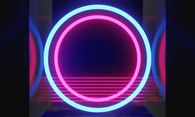 Ilustración en 3D renderización de juegos jugador fondo papel tapiz abstracto estilo cyberpunk metaverso juego de ciencia ficción brillo de neón de la escena de la sala de pedestal