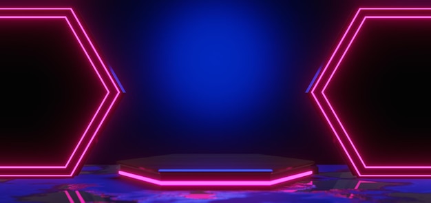 Ilustración en 3D renderización de juegos jugador fondo papel tapiz abstracto estilo cyberpunk metaverso juego de ciencia ficción brillo de neón de la escena de la sala de pedestal
