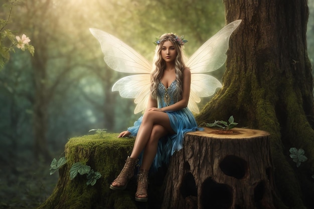 Foto ilustración 3d renderización retrato de una hada de fantasía bailando en el bosque hada en el bosque mágico