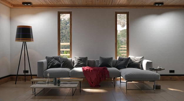 Ilustración 3D renderizado grandes interiores de lujo modernos y luminosos Imagen generada digitalmente por computadora de la maqueta de la sala de estar