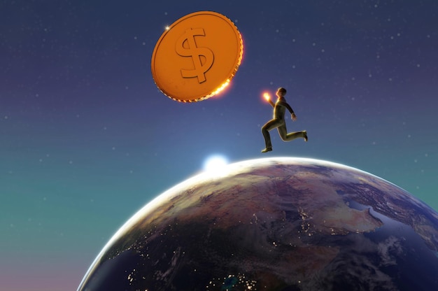 Ilustración 3D Representación 3D Empresario en el mundo virtual con monedas de oro incluyen dólar Euro Yen Libra Yuan para cambio y transferencia de dinero