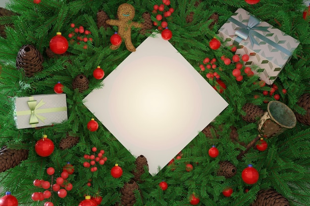 Ilustración 3D Representación 3d Árbol de Navidad y adornos navideños
