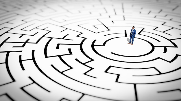 Ilustración 3D Representación de un empresario en miniatura 3D parado frente al laberinto Concepto de éxito