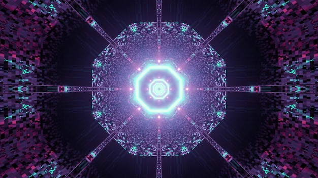 Ilustración 3d de resumen de túnel de ciencia ficción de forma redonda con reflejo de luces de neón rosa y azul