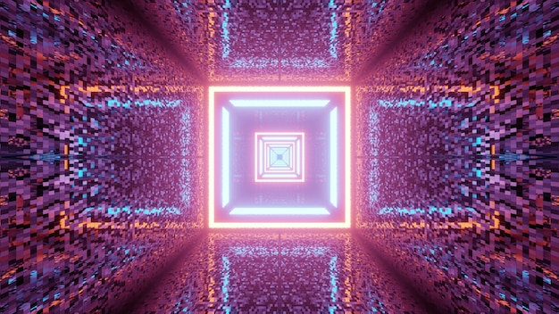 Ilustración 3d de resumen de túnel tridimensional simétrico en forma de cuadrado brillante con luces de neón