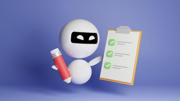 Ilustración 3D de robot blanco moderno en fondo azul con lápiz y lista de comprobación