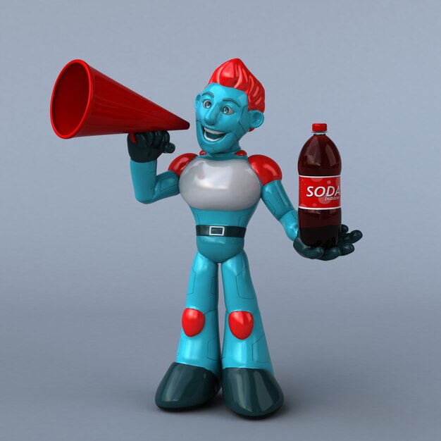 Ilustración 3d de robot rojo con botella de refresco