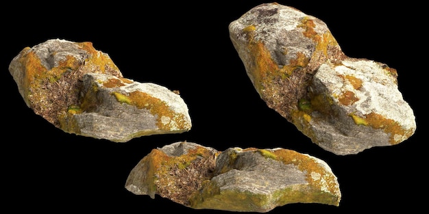 Ilustración 3d de rocas cubiertas de musgo individuales aisladas sobre fondo negro