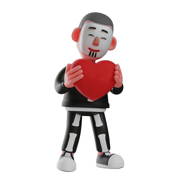Ilustración 3D Romántico personaje 3D Skeleton Boy sosteniendo un gran corazón rojo con los ojos cerrados