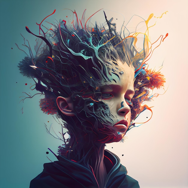 Ilustración 3D de un rostro femenino de fantasía con colores vibrantes