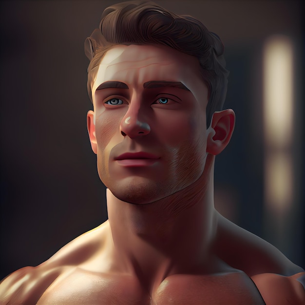 Ilustración 3D de un rostro masculino con piel y bodyart