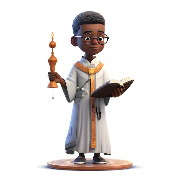 Ilustración 3D de un sacerdote negro con una Santa Biblia y una linterna dorada