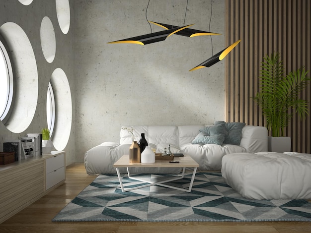 Ilustración 3D de sala de diseño moderno interior