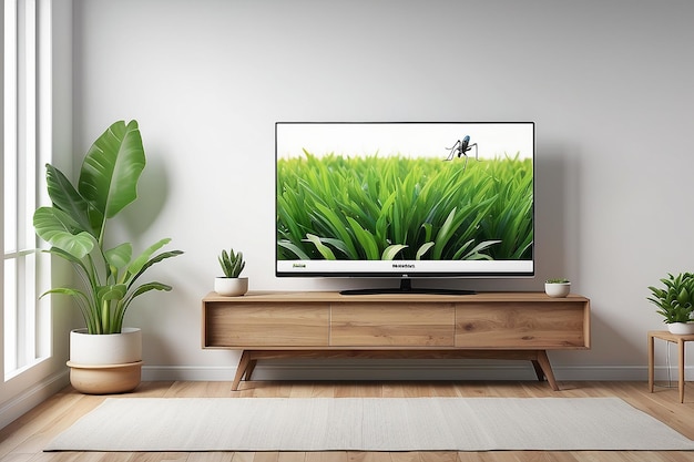 Foto ilustración 3d de una sala de estar con tv led en pared blanca con mesa de madera y plan
