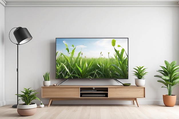 Ilustración 3D de una sala de estar con TV LED en pared blanca con mesa de madera y plan