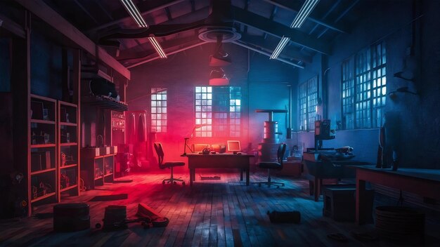 Ilustración 3D de la sala de la fábrica por la noche con luces de neón