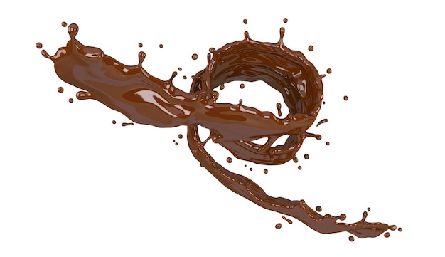 Ilustración 3D de salpicaduras de chocolate en fondo blanco con ruta de recorte