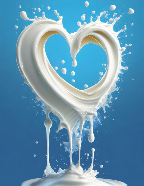 Ilustración 3D de salpicaduras de leche en forma de corazón en fondo azul con ruta de recorte