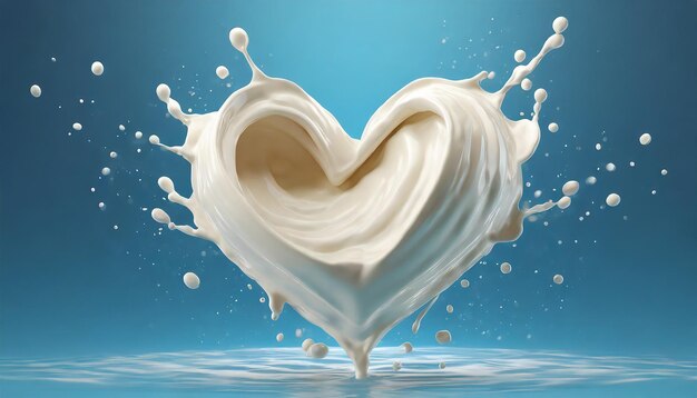 Foto ilustración 3d de salpicaduras de leche en forma de corazón en fondo azul con ruta de recorte