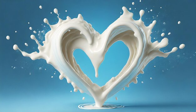 Ilustración 3D de salpicaduras de leche en forma de corazón en fondo azul con ruta de recorte