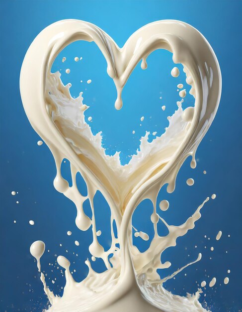 Foto ilustración 3d de salpicaduras de leche en forma de corazón en fondo azul con ruta de recorte