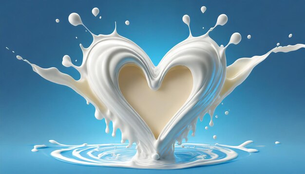 Ilustración 3D de salpicaduras de leche en forma de corazón en fondo azul con ruta de recorte