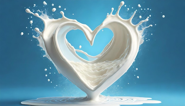 Ilustración 3D de salpicaduras de leche en forma de corazón en fondo azul con ruta de recorte