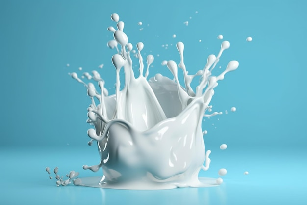 Ilustración 3d de salpicaduras de leche sobre fondo azul degradado con trazado de recorte