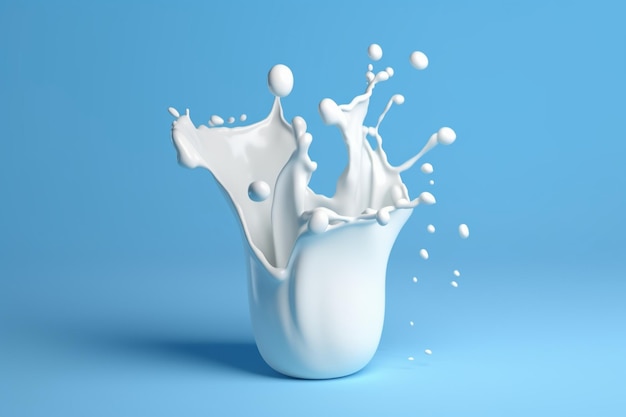 Ilustración 3d de salpicaduras de leche sobre fondo azul degradado con trazado de recorte