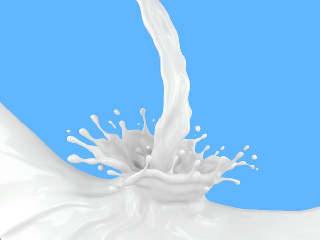 Ilustración 3d de salpicaduras de leche sobre fondo azul con trazado de recorte