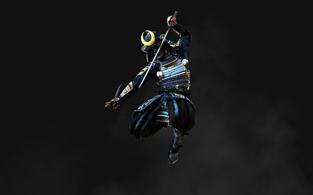 Ilustración 3d de un samurái con armadura azul y verde sosteniendo una espada katana en cada mano