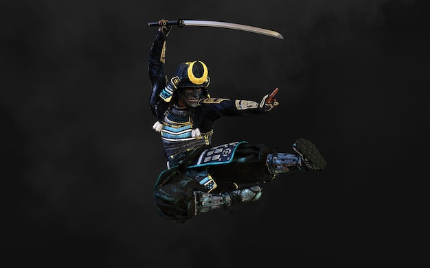 Ilustración 3d de un samurái con armadura azul y verde sosteniendo una espada katana en cada mano