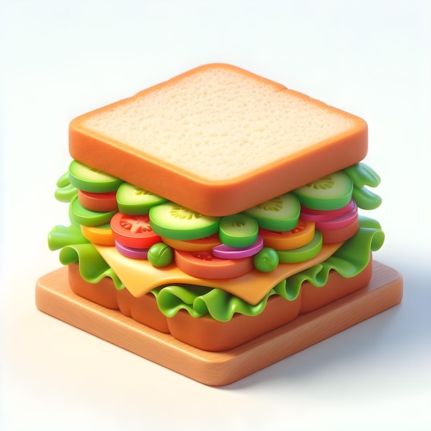 Foto ilustración en 3d de un sándwich delicioso en fondo blanco
