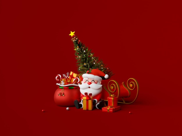 Ilustración 3d de Santa Claus con trineo y bolsa de regalo sobre fondo rojo.