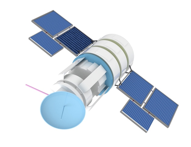 Ilustración 3d de satélite espacial sobre fondo blanco.