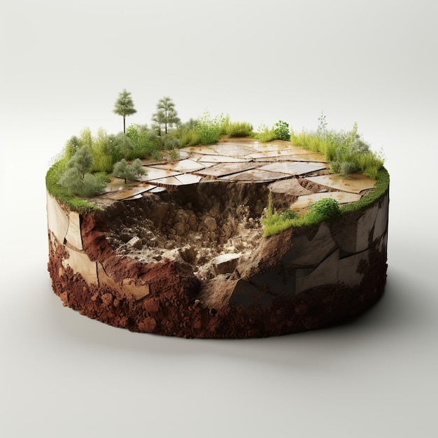 Ilustración 3D de la sección transversal del suelo redondo con tierra y hierba verde