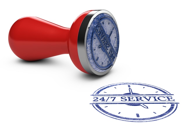 Foto ilustración 3d de un sello de goma y una marca azul sobre fondo blanco. concepto de servicio siempre abierto.