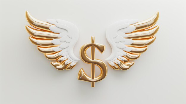 Foto ilustración en 3d de un signo de dólar dorado con alas de ángel el signo del dólar es un símbolo de riqueza y prosperidad monetaria