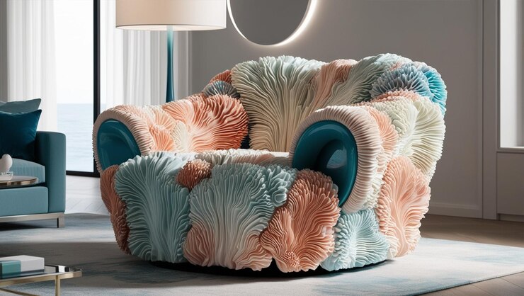 Ilustración 3D de un sillón inspirado en las formas orgánicas del coral