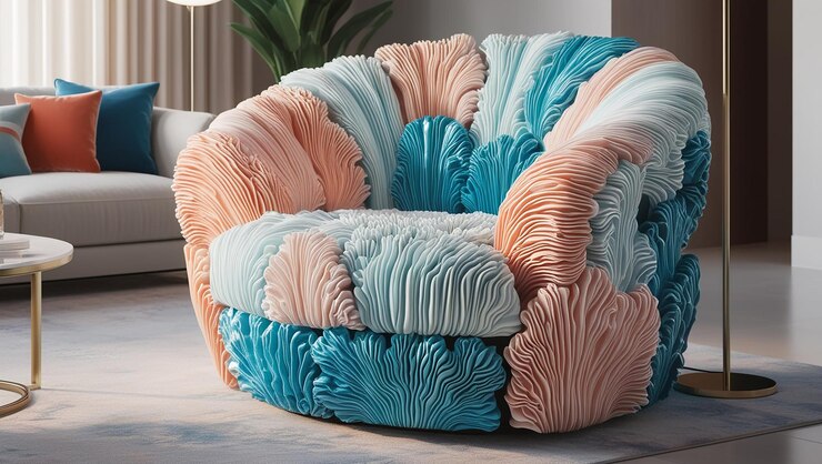 Ilustración 3D de un sillón inspirado en las formas orgánicas del coral