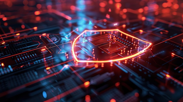 Ilustración 3D de un símbolo de escudo de seguridad brillante en una placa de circuitos de alta tecnología que representa el avance