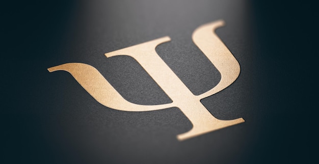Ilustración 3d de un símbolo de la letra psi de oro de la psicología o psiquiatría sobre fondo negro. Alfabeto griego.