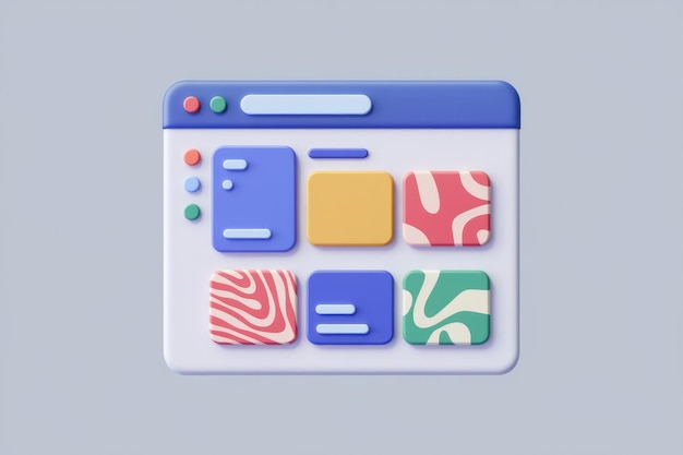 Una ilustración 3D de un sitio web con una barra de navegador azul y cuadrados de colores