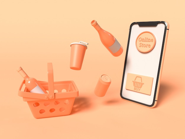 Ilustración 3D. Smartphone con carrito de compras y productos. Tienda online y concepto tecnológico.