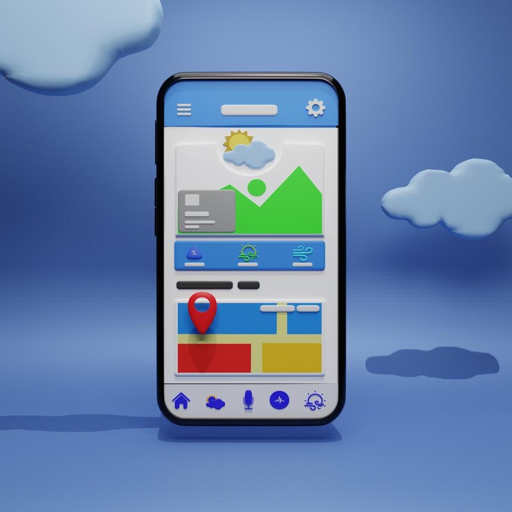 Foto ilustración 3d smartphone con pantalla de aplicación meteorológica con fondo azul y nubes