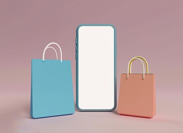 Ilustración 3D Smartphone con pantalla blanca en blanco y bolsa de papel sobre fondo de color pastel Concepto de tienda en línea