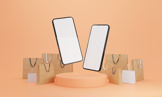 Ilustración 3D. Smartphone con pantalla en blanco en blanco y bolsas de la compra. Compras en línea y concepto de comercio electrónico.