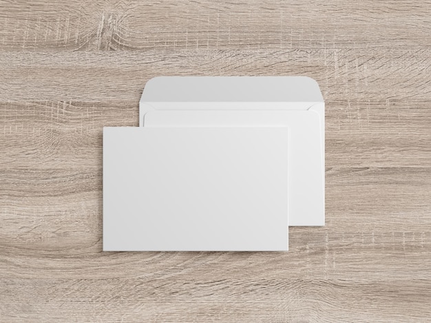 Foto ilustración 3d sobre blanco formato a5 sobre un fondo de madera con tarjeta blanca