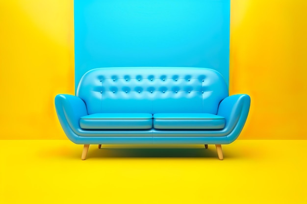 Ilustración 3d de un sofá azul en un estilo retro de los años 60 sobre un fondo amarillo