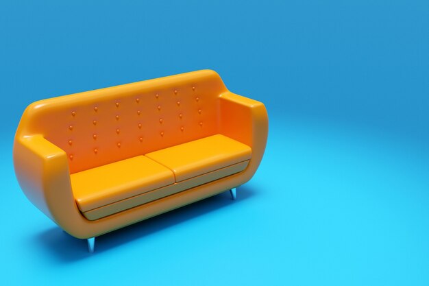 Ilustración 3d de un sofá naranja en un estilo retro de los años 60 sobre un fondo azul.